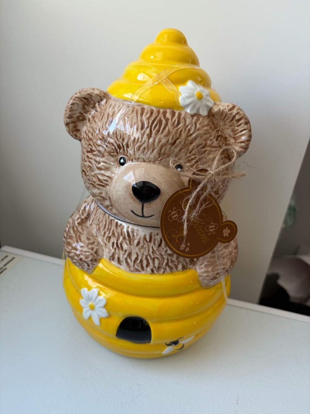 T.J.Maxx Yellow and Brown Ceramic Bear Honey Pot Vase